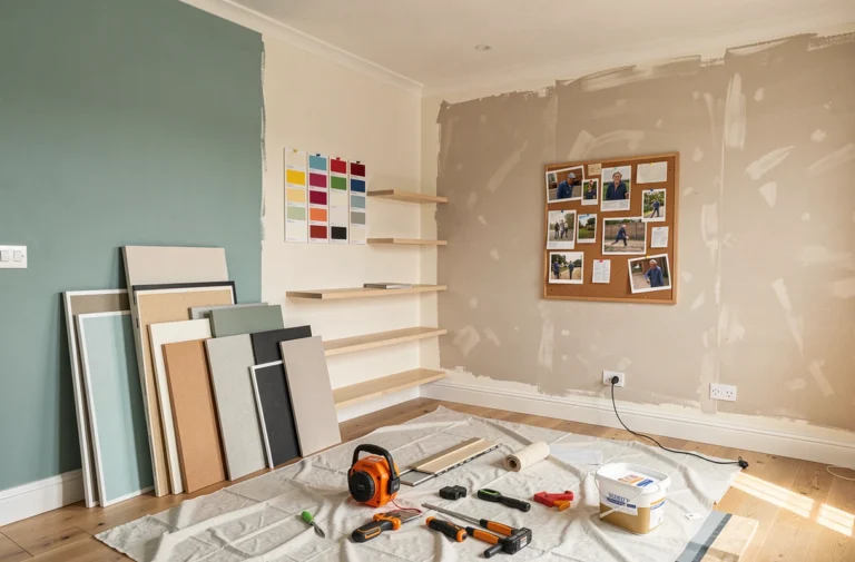 Salon en cours de rénovation avec des échantillons de peinture, des étagères déposées et un tableau d'inspiration épinglé au mur
