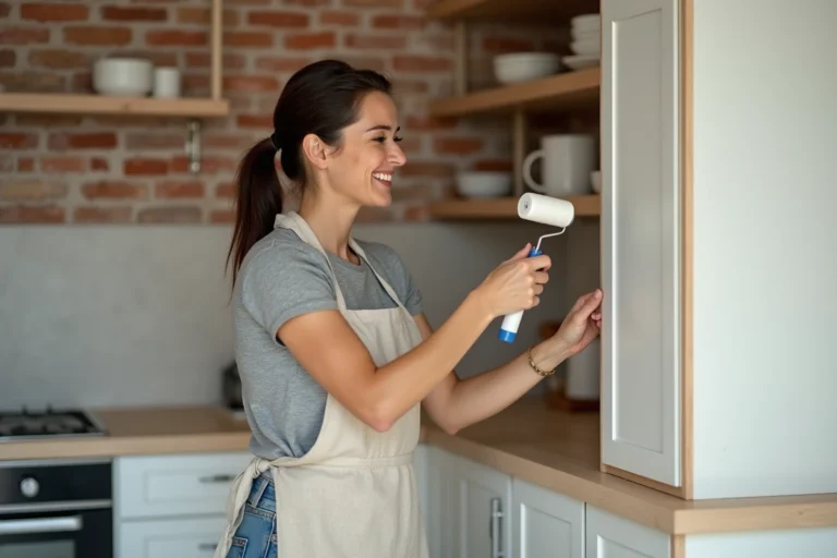 Femme renovant ses meubles de cuisine en peignant une porte d'armoire en blanc, idée de bricolage maison facile