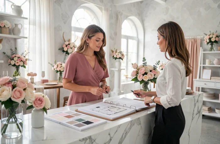 Femme en robe rose discutant des détails de son mariage avec une wedding planner dans un showroom élégant