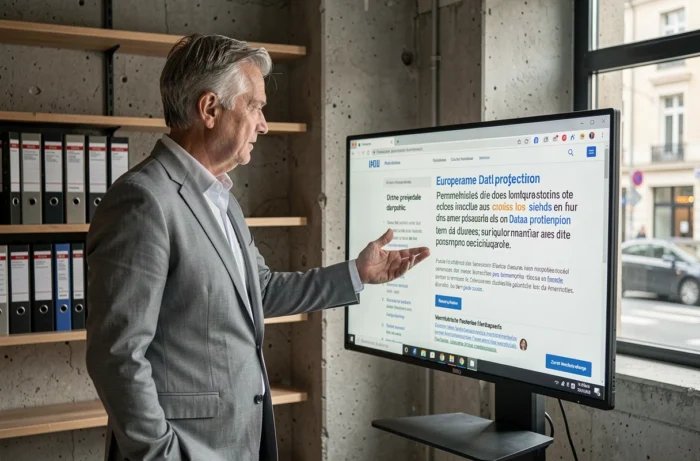 Entrepreneur consultant une politique de confidentialité RGPD sur un grand écran en espace de coworking