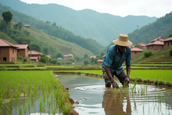 Agriculteur malgache repiquant le riz dans les rizières en terrasses des hautes terres centrales de Madagascar près d'Antananarivo