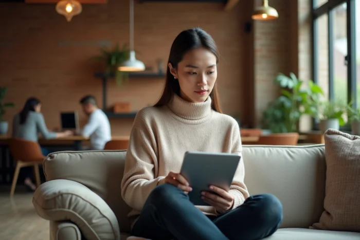 Salariée BNP Paribas accédant au portail Alis pour gérer sa carrière depuis un espace de coworking