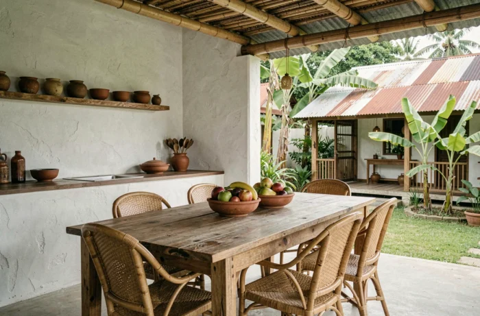 Salle à manger extérieure de style malagasy avec table en bois de zébu, chaises en rotin et décoration tropicale dans une cour verdoyante à Madagascar