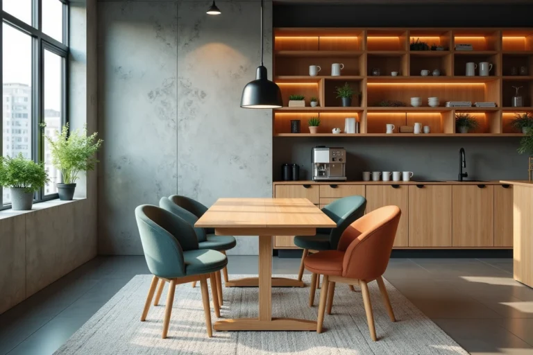 Salle de pause moderne avec table en bois, chaises ergonomiques, cafetière et plantes vertes dans un bureau contemporain
