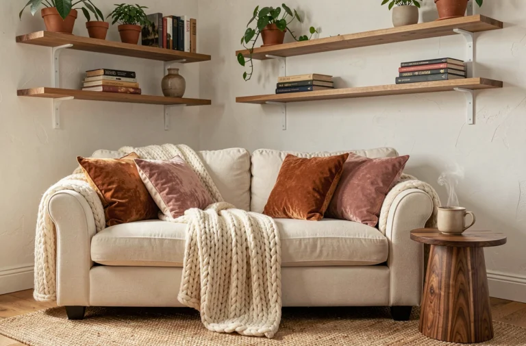 Coin salon cocooning avec canapé crème, plaid en maille épaisse et coussins en velours terracotta pour une atmosphère chaleureuse et confortable