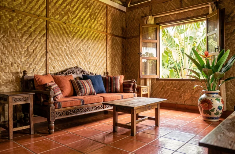 Salon malagasy décoré avec des panneaux en raphia tissé, des meubles en bois sculptés et des coussins en textile traditionnel aux tons terre de Sienne et indigo