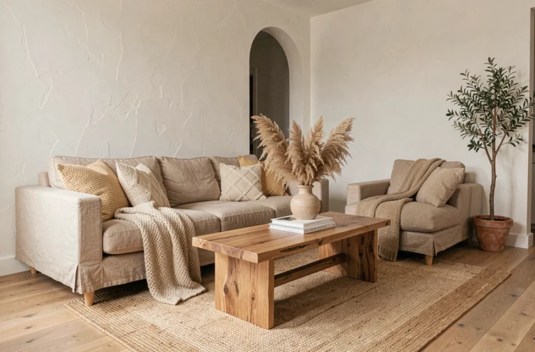 Salon scandinave chaleureux avec canapé en lin, coussins en laine et table basse en chêne brut pour une déco tendance