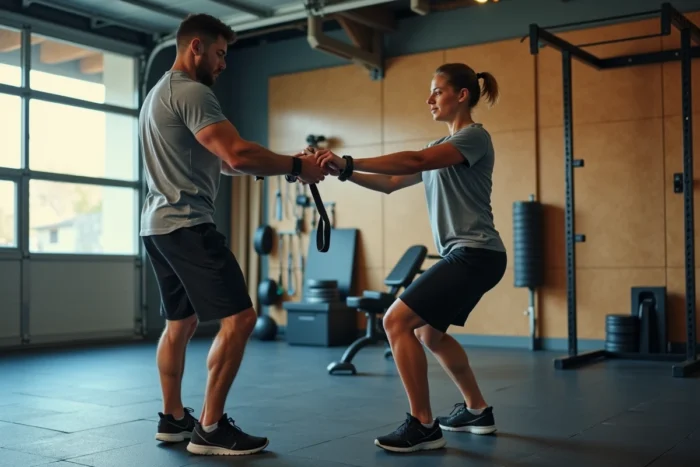 Séance de coaching sportif à domicile dans un garage aménagé en salle de sport avec bandes de résistance