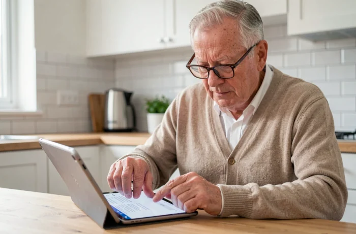 Senior utilisant une tablette pour accéder à sa boîte mail depuis sa cuisine à domicile