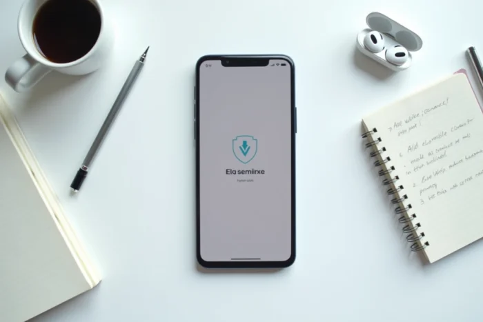 Smartphone avec navigateur privé et application de confidentialité posé sur un bureau minimaliste