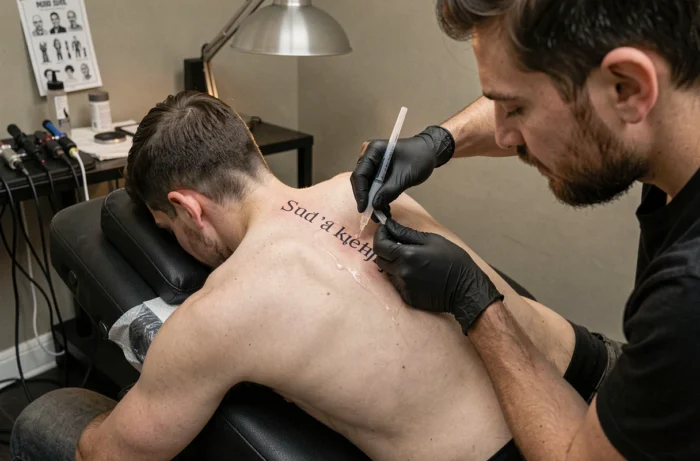 Tatoueur appliquant de la pommade sur un tatouage texte en cours de cicatrisation sur la colonne vertébrale d'un homme