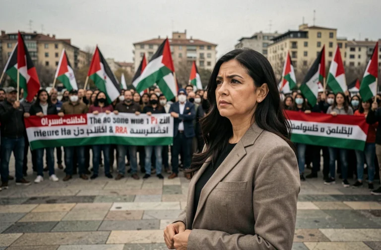 Femme contemplative devant une manifestation pro-palestinienne dans une place publique urbaine