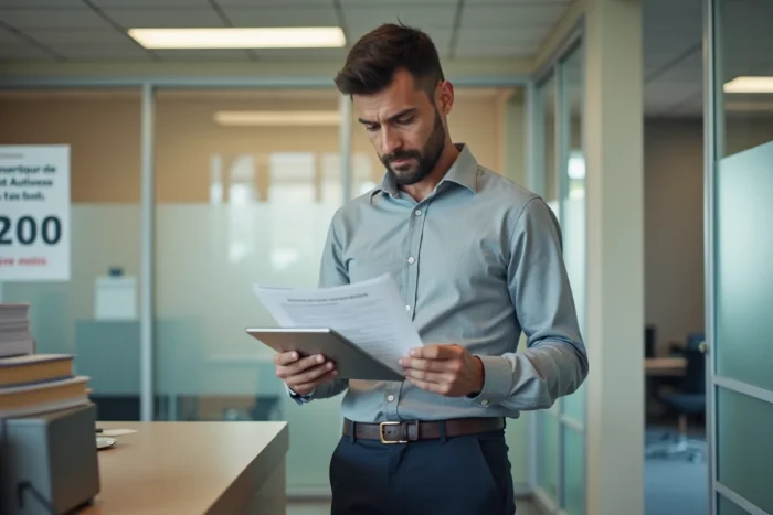 Homme consultant le suivi de son dossier DALO sur une tablette dans un bureau administratif