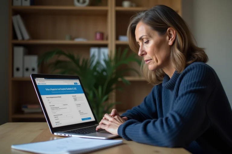 Femme effectuant le suivi de son dossier DALO en ligne sur un ordinateur portable depuis son domicile