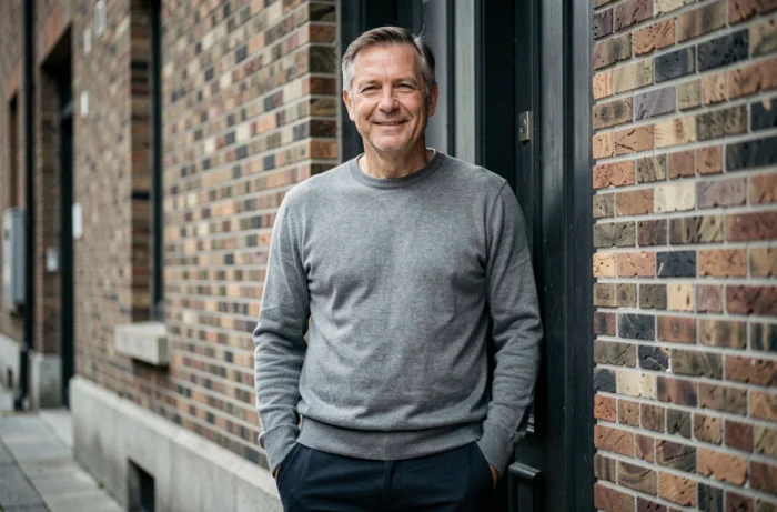 Homme grand en pull gris debout près d'un encadrement de porte, comparaison visuelle de la taille de Florent Pagny en milieu urbain