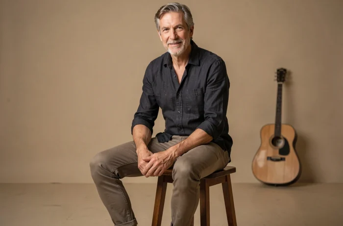 Chanteur français aux longues jambes assis sur un tabouret en interview, portrait illustrant la morphologie et la grande taille de Florent Pagny