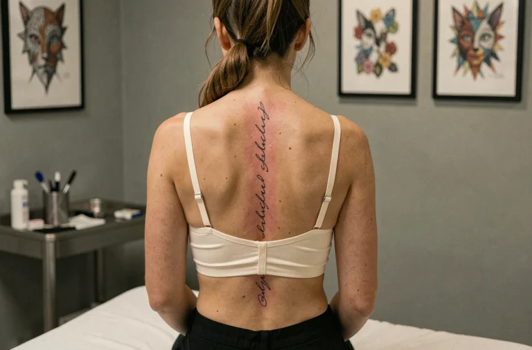 Femme de dos avec un tatouage écriture cursive sur la colonne vertébrale montrant une légère rougeur après la séance