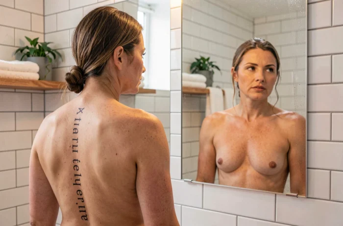 Femme se regardant dans un miroir de salle de bain révélant un tatouage texte cicatrisé sur toute la longueur de la colonne vertébrale