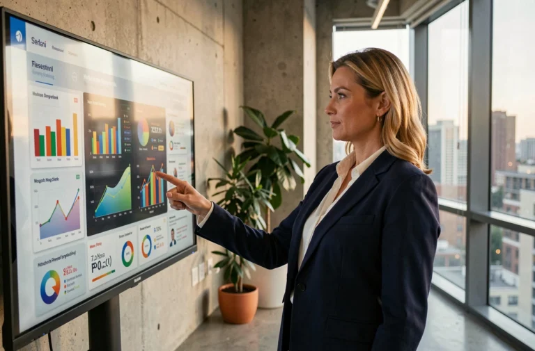 Une professionnelle en blazer marine analyse des tableaux de bord marketing digitaux sur un écran interactif dans un bureau moderne, illustrant les tendances marketing 2024.