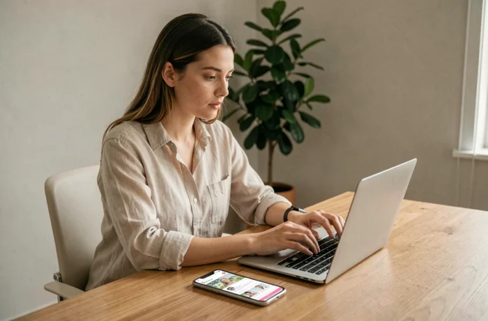 Jeune femme consultant les dernières tendances du web sur un ordinateur portable dans un bureau moderne minimaliste