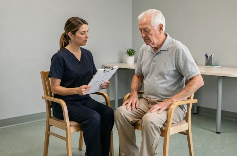 Physiothérapeute évaluant un patient âgé avec le test de Tinetti en clinique de rééducation
