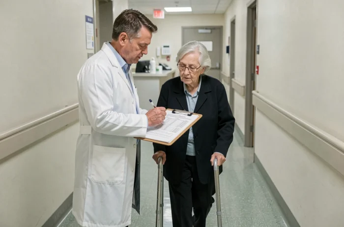 Médecin gériatre observant la marche d'une patiente âgée lors du test de Tinetti en couloir hospitalier