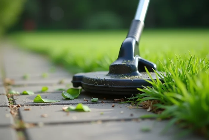 Gros plan sur la tête de coupe d'un rotofil électrique sur pelouse avec bord béton