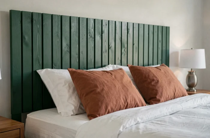 Tête de lit en tasseaux verticaux peints en vert forêt fixés au mur derrière un lit avec linge blanc et coussins terracotta