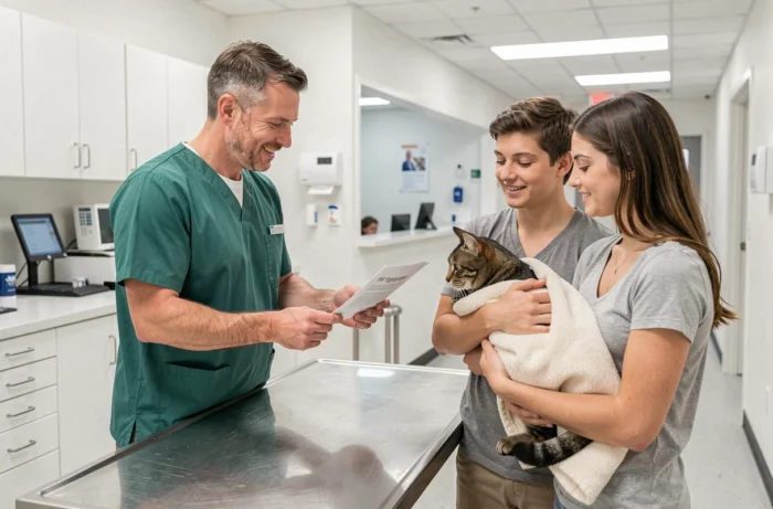 Vétérinaire remettant des documents officiels à un couple pour le transfert de propriété de leur chat en clinique vétérinaire