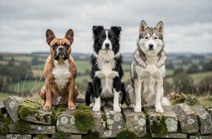 Trois races de chiens différentes — Bouledogue Français, Border Collie et Husky Sibérien — assis côte à côte sur un mur en pierre à la campagne
