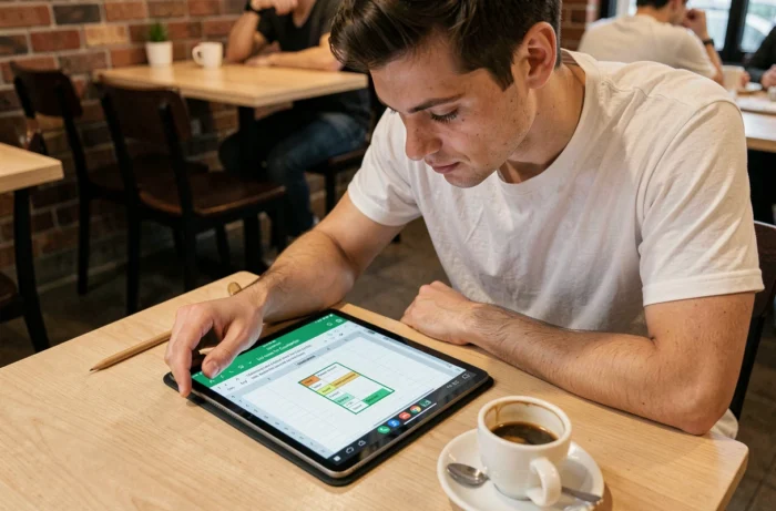 Jeune professionnel consultant un tutoriel Excel sur tablette dans un café pour apprendre la conversion de lignes en colonnes