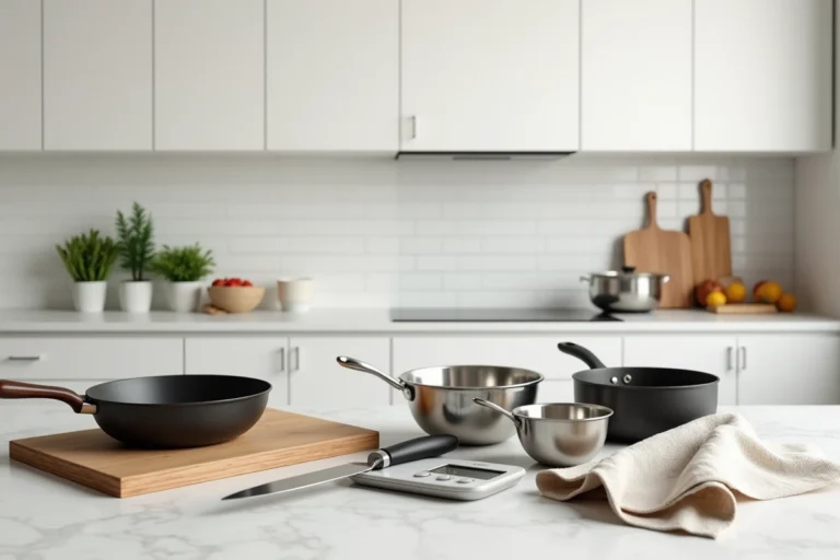 Ustensiles de cuisine essentiels disposés sur un plan de travail en marbre dans une cuisine moderne et bien équipée