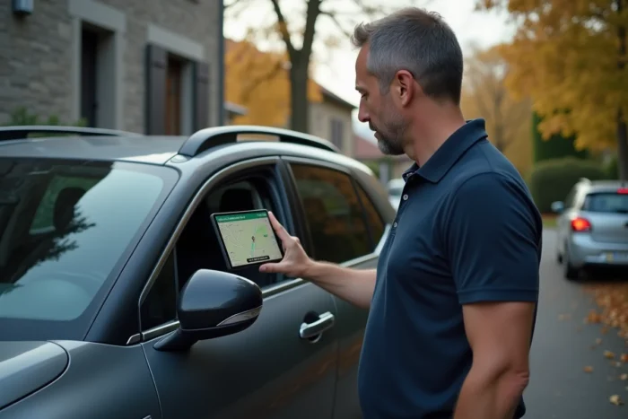 Homme vérifiant la progression de la mise à jour du GPS Citroën sur l'écran tactile depuis l'extérieur du véhicule