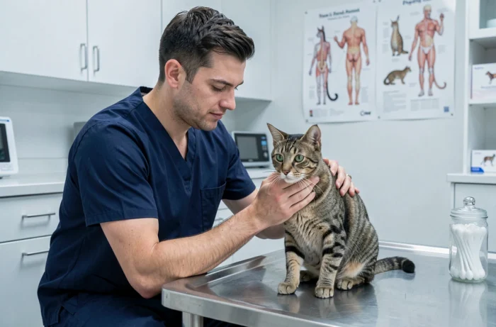 Vétérinaire examinant un chat tigré dans une clinique vétérinaire moderne pour illustrer l'importance de l'assurance santé animale