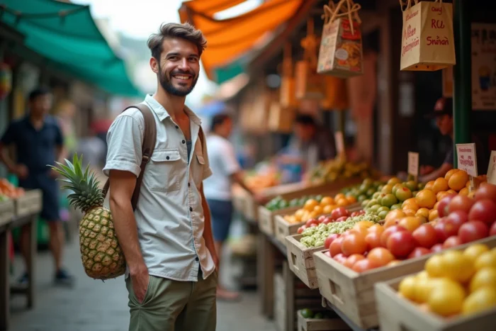 Voyageur souriant achetant des produits frais à un marché local en Asie du Sud-Est pour économiser en voyage