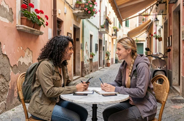 Deux voyageuses planifiant leur itinéraire autour d'un café dans une ruelle méditerranéenne authentique