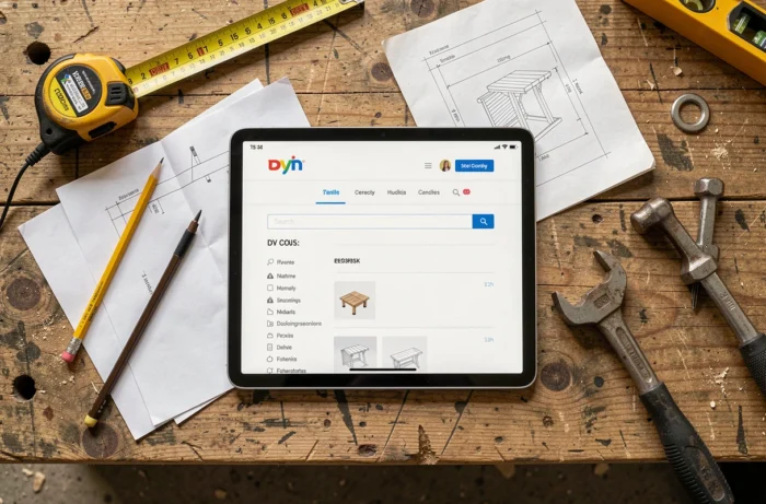 Vue aérienne d'un établi d'atelier avec une tablette affichant la navigation structurée d'un site de bricolage